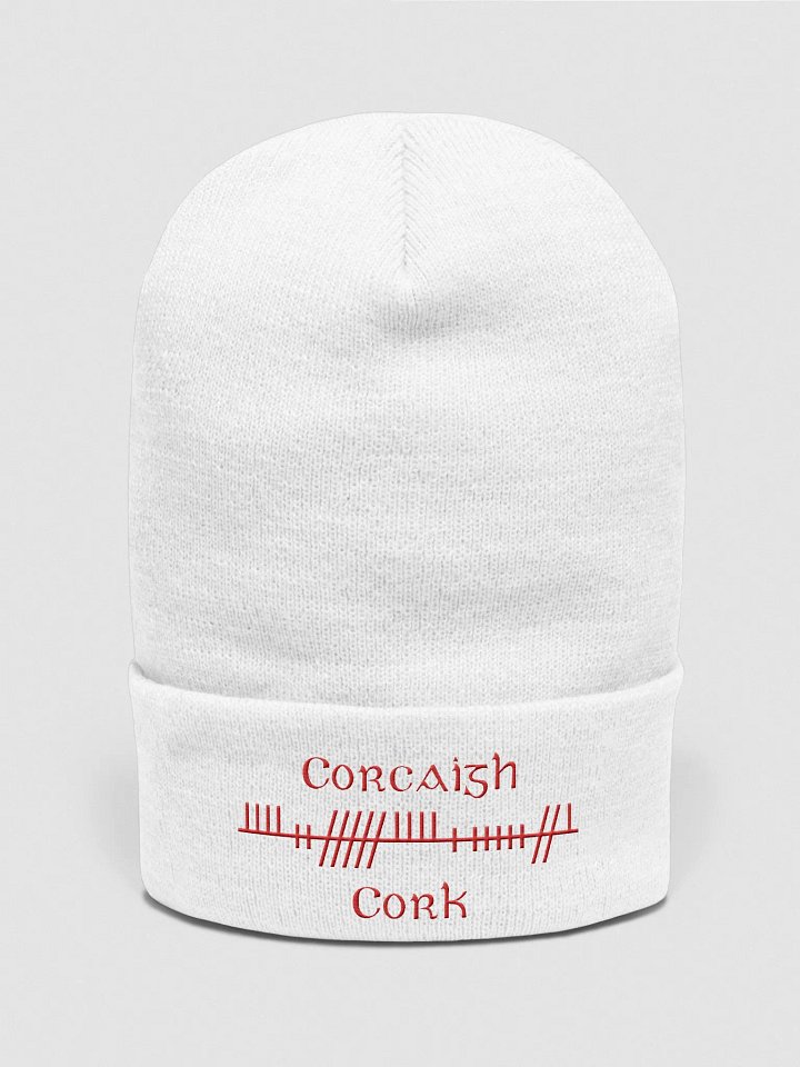 Cork/Corcaigh, Orthodox Style Ogham, white with red, embroidered Cuffed Beanie product image (1)
