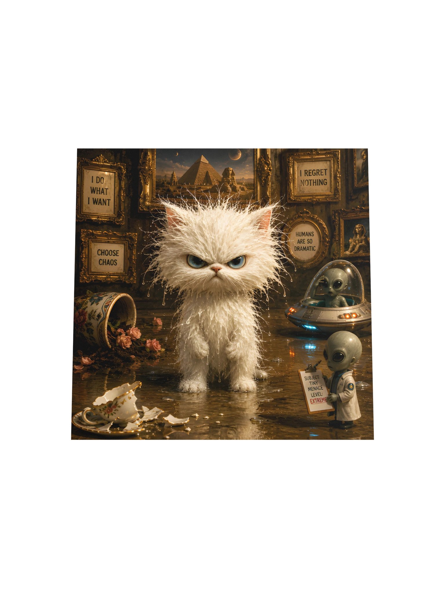 I Regret Nothing Funny Cat Poster | Chaotic Alien Humor | Quirky Surreal Wall Art Gift product image (6)