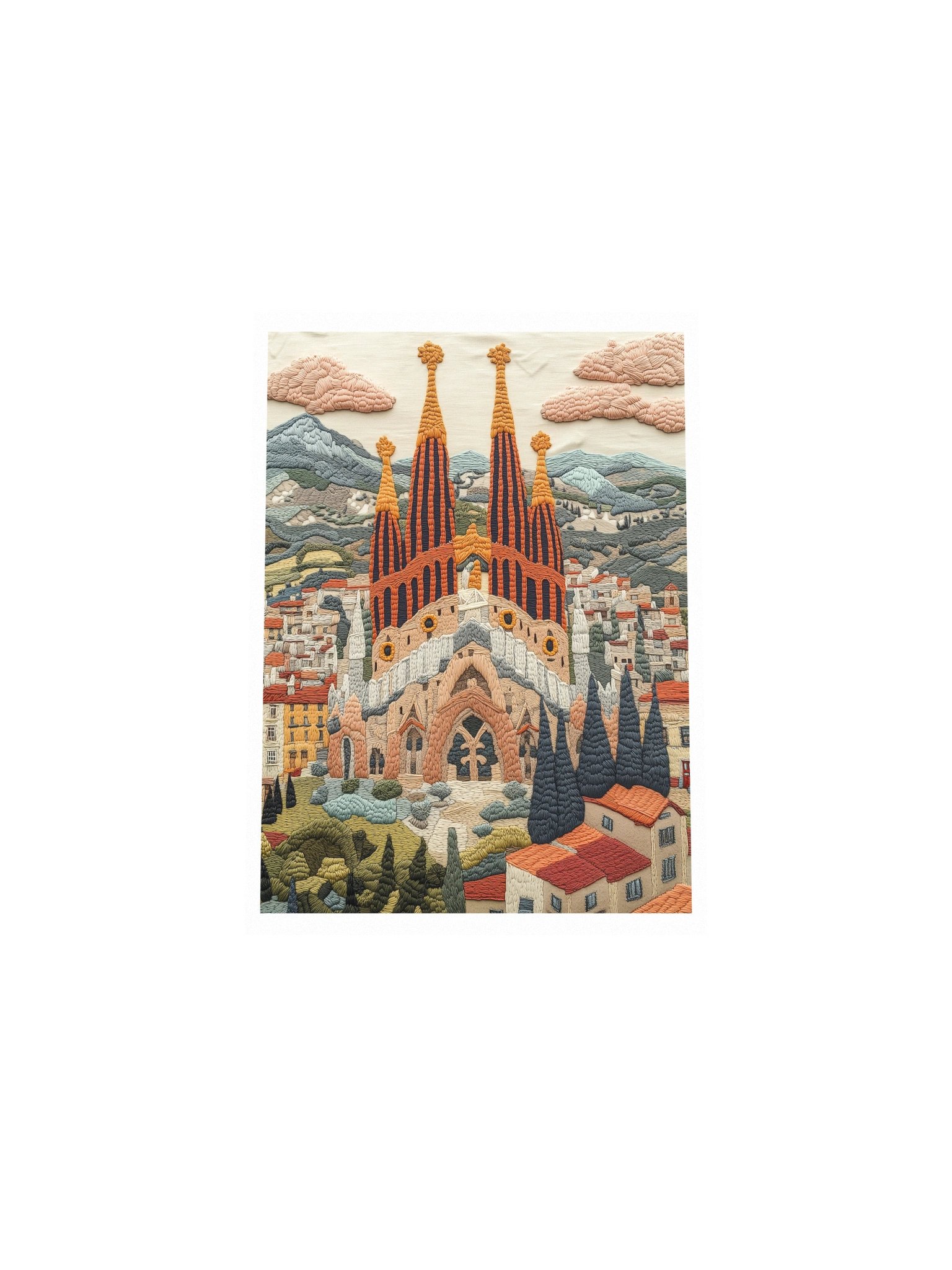 Barcelona in Memory | Embroidery-Style Wall Art — Unframed Print product image (4)