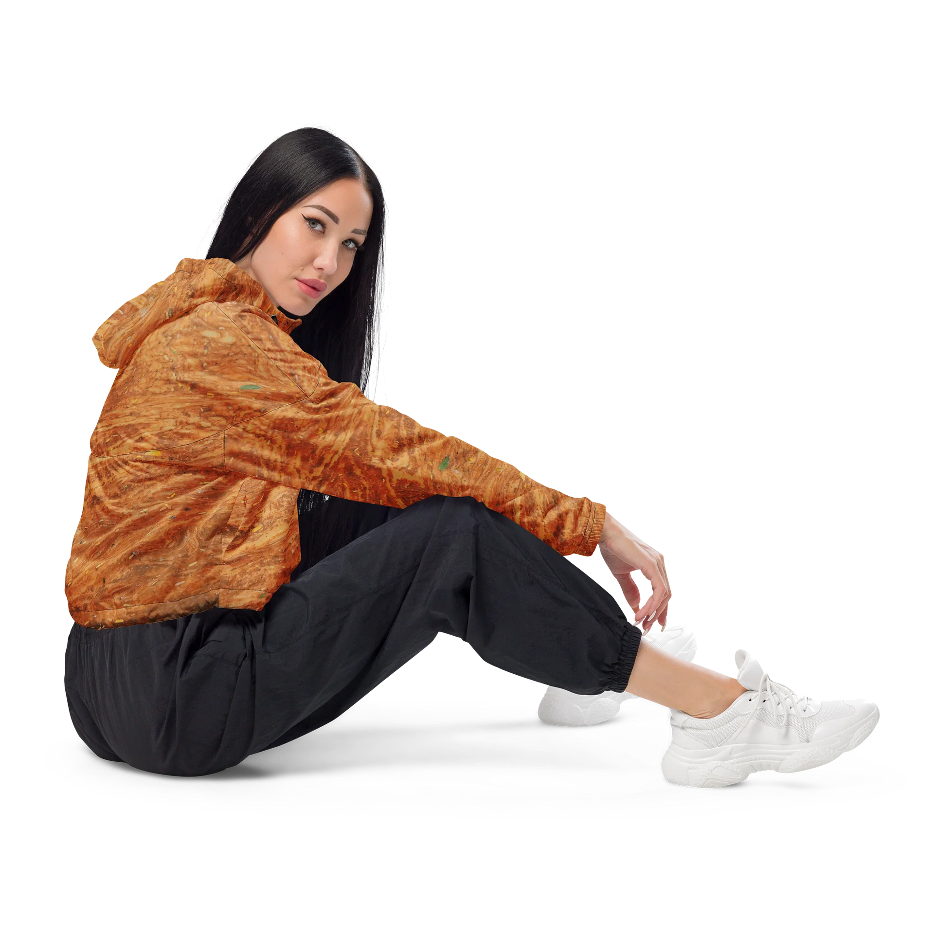 Terracotta Tea — Women’s All-Over Print Warm Rust & Leaf Cropped Windbreaker product image (4)