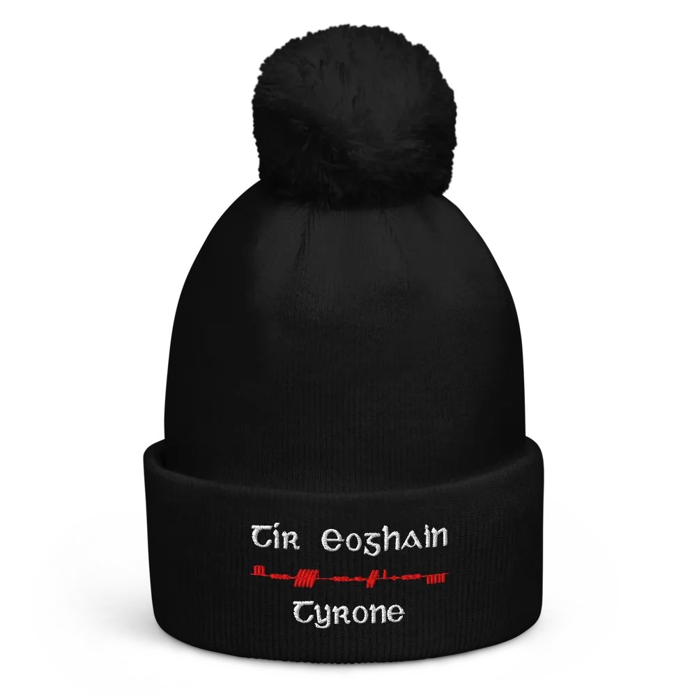 Tyrone/Tír Eoghain Scholastic style Ogham, red and white, embroidered Pom-Pom Beanie product image (1)
