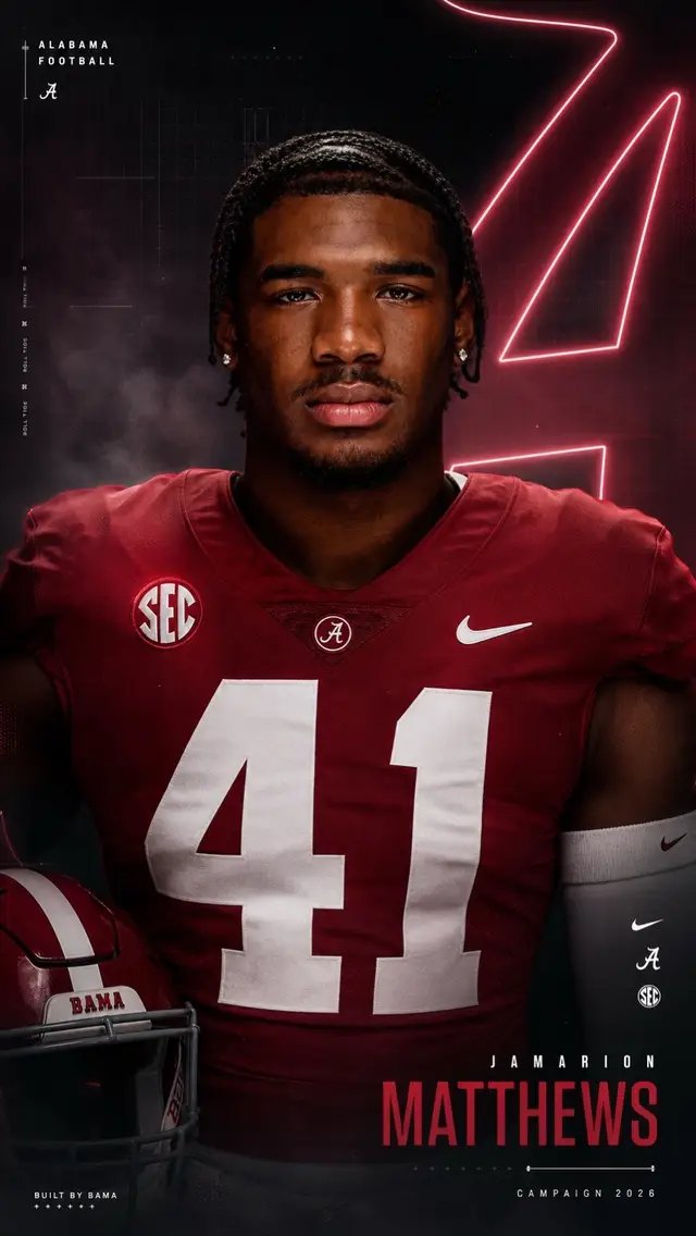 Today marks 41 Days until the Crimson Tide takes on the ECU Pirates! Meet Freshman Linebacker Jamarion Matthews •Position: LB •Height: 6-2 •Weight: 252 •Class: Freshman •Hometown: Huntsville, Ala. •High School: Gainesville