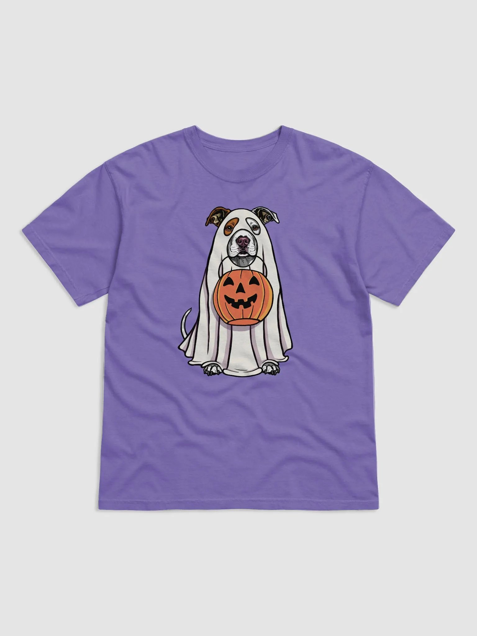 Funny Halloween Pitbull Terrier(White) T-Shirt | Funny Pittie Wearing a Ghost Costume and Holding a Pumpkin Basket product image (1)