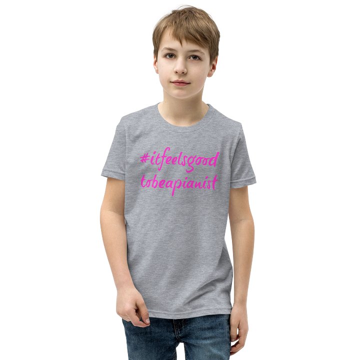"It Feels Good to Be a Pianist" Youth Cotton T-Shirt with PINK Script product image (1)
