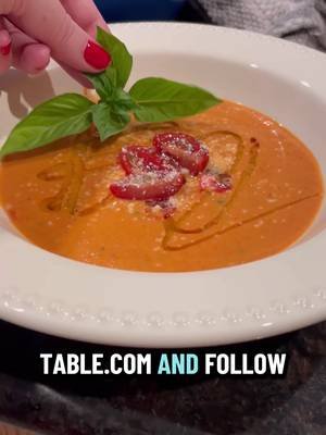 Brb making Roasted Tomato Basil Soup 😍 #souprecipe #fallrecipes  Roasted Tomato Basil Soup 2 pounds roma tomatoes, halved 1 pint cherry tomatoes 2 garlic heads 1 small onion, quartered Salt, pepper, olive oil, rosemary, thyme 1 cup chicken broth 1/2 cup heavy cream 2-3 sprigs fresh basil leaves Pinch sugar Salt and pepper to taste 1-2 Tbsp parmesan cheese 1) Preheat oven to 400 degrees. Line a baking sheet with parchment paper or a silicone mat. Arrange Roma tomatoes, cherry tomatoes, and onion pieces on the mat. Slice the top off of garlic heads and set cut-side down on the mat. Drizzle olive oil over everything and season with sea salt and black pepper. Add a few sprigs of fresh rosemary and thyme. Roast for about 45-50 minutes until starting to brown. 2) Squeeze the garlic out of the bulbs and discard the bulbs. Transfer everything except for the sticks of the herbs to a soup pot*. Blend well with chicken broth, heavy cream, fresh basil, sugar, salt, and pepper to taste. 3) Bring to a simmer and stir in a little parmesan cheese until it melts. Delicious served with a grilled cheese sandwich!