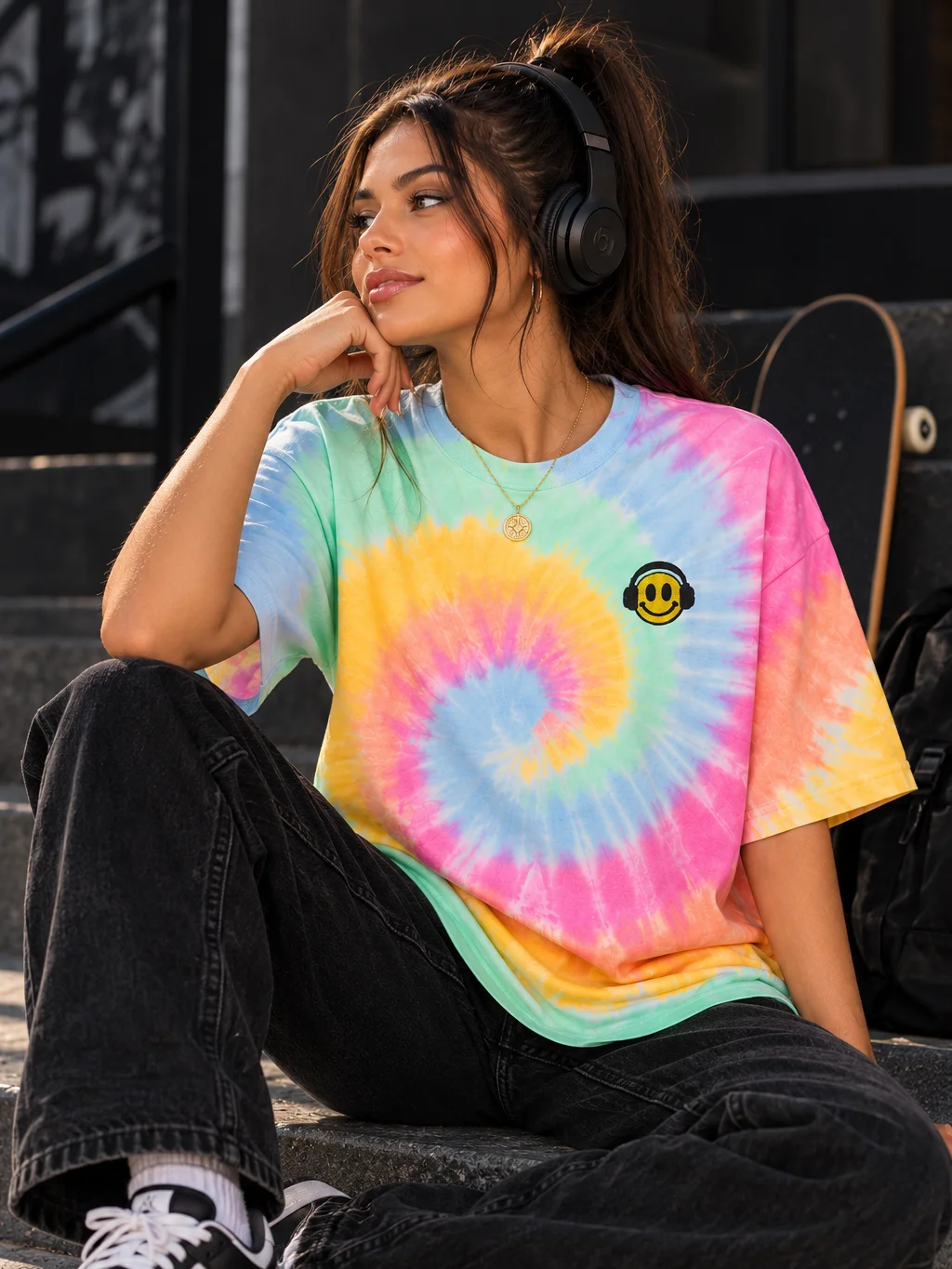 Embroidered Smiley Headphones Oversized Tie-Dye T-Shirt | Shaka Wear Heavyweight Tee product image (3)