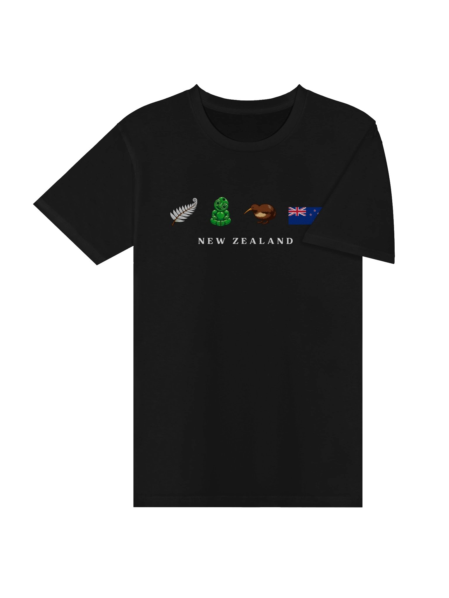 New Zealand Heritage Black T-Shirt | Flightless Form, Green Carving & Frond Graphic on Premium Cotton product image (4)