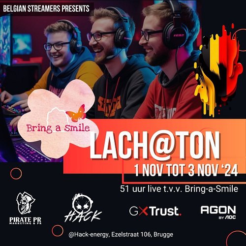 🎉 Presenting... BESC Lach@ton tvv Bring-a-smile! 🎉
Een epische livestreamingketting met 17 Vlaamse Twitchstreamers, allemaal ...