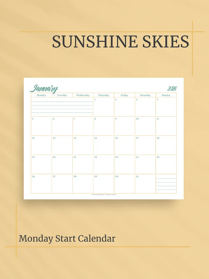 Sunshine Skies 2026 Calendar - Single Page per Month, Monday Start, Letter Size product image (1)