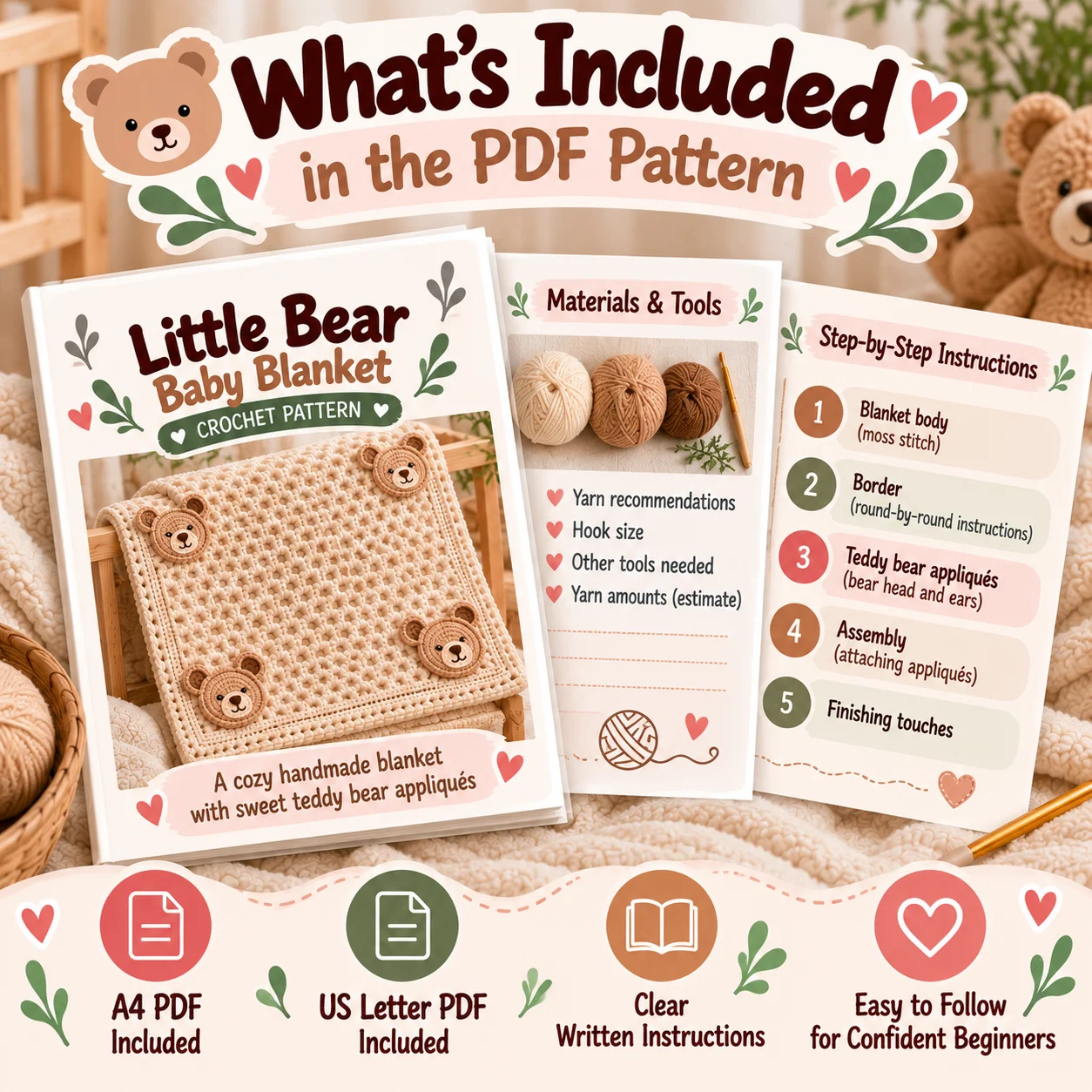 Little Bear Baby Blanket Crochet Pattern PDF – Teddy Bear Appliqué product image (2)