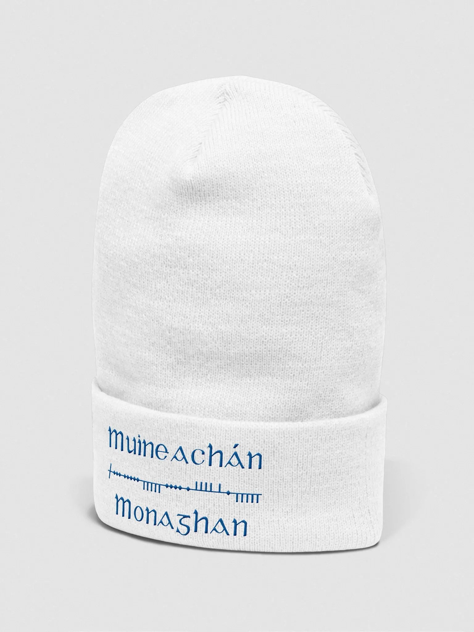 Monaghan/Muineachán Scholastic Ogham, white with blue, embroidered Cuffed Beanie product image (2)