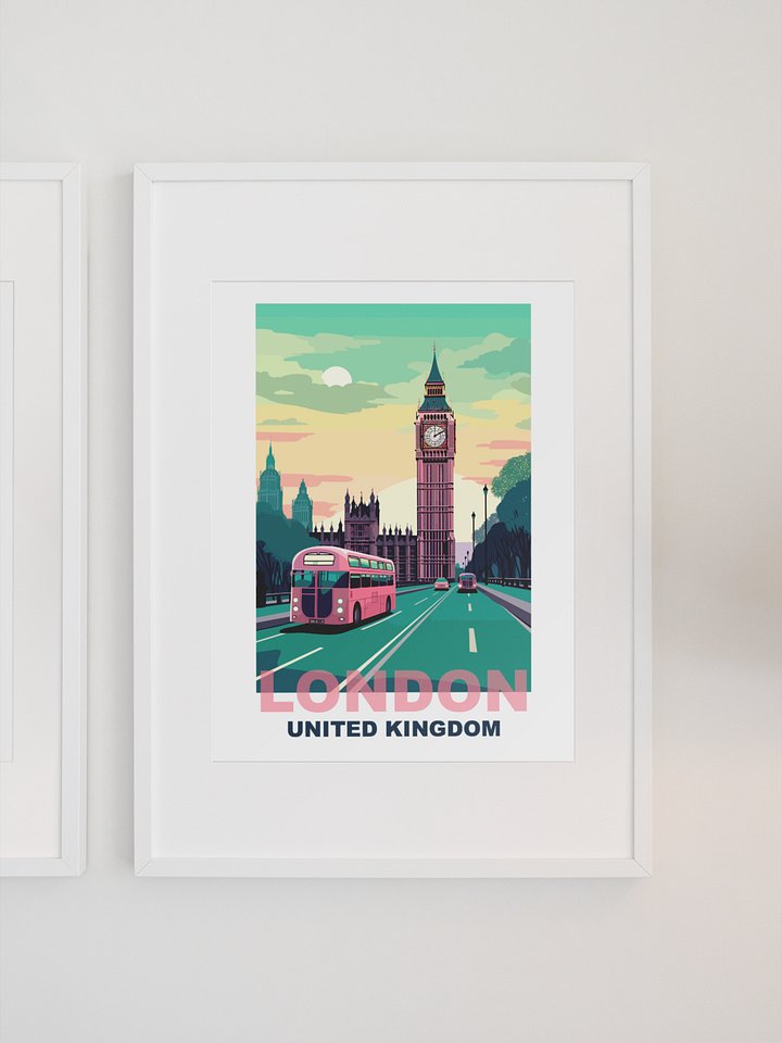 Classic London Cityscape Poster with Iconic Red Bus, Big Ben Sunrise Print, United Kingdom Urban Art, British Travel Wall Decor product image (1)