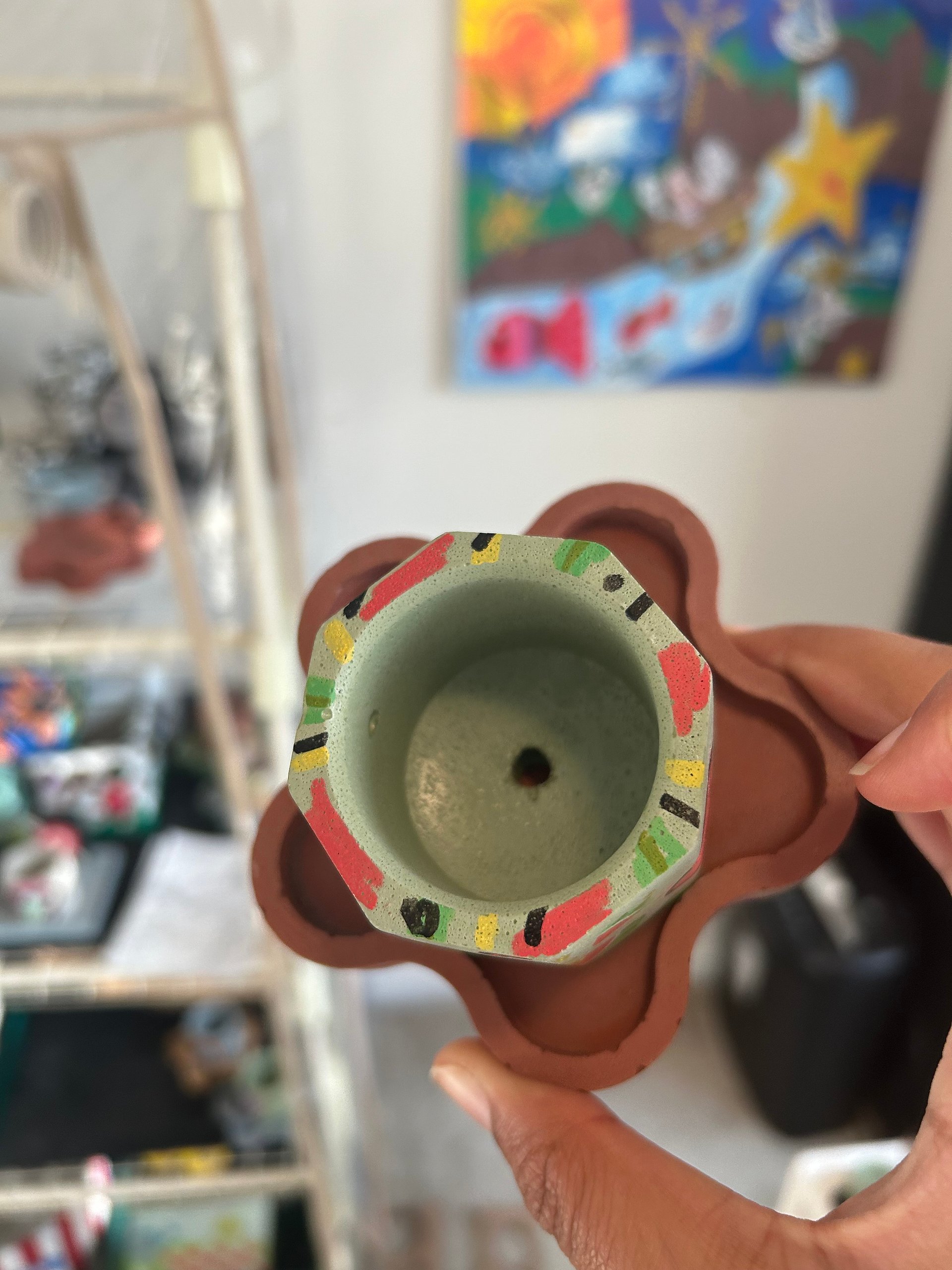 Watermelon splash 1-1 original painted cement plant pot and tray product image (3)