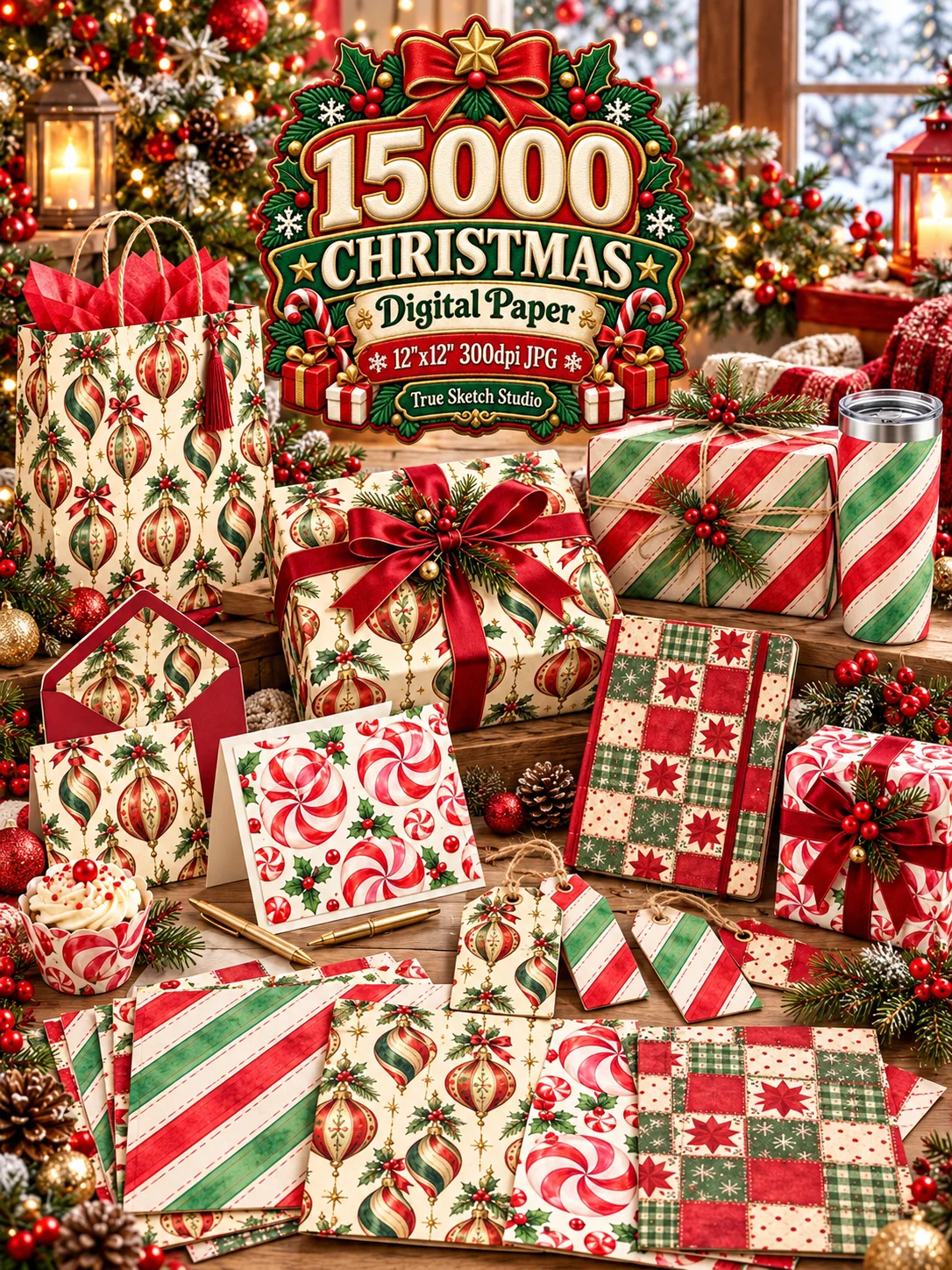 15000 Christmas Digital Paper Bundle, 12x12 JPG, Holiday Scrapbook Paper, Xmas Backgrounds, Printable Pattern Mega Bundle product image (10)