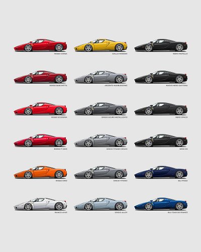 The Ferrari Enzo color palette.

Rosso Corsa, Giallo Modena, Nero Pastello, Rosso Barchetta, Argento Nürburgring, Nuovo Nero ...