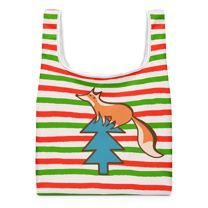Festive Fox & Christmas Tree – Holiday Striped Reusable Tote product image (1)
