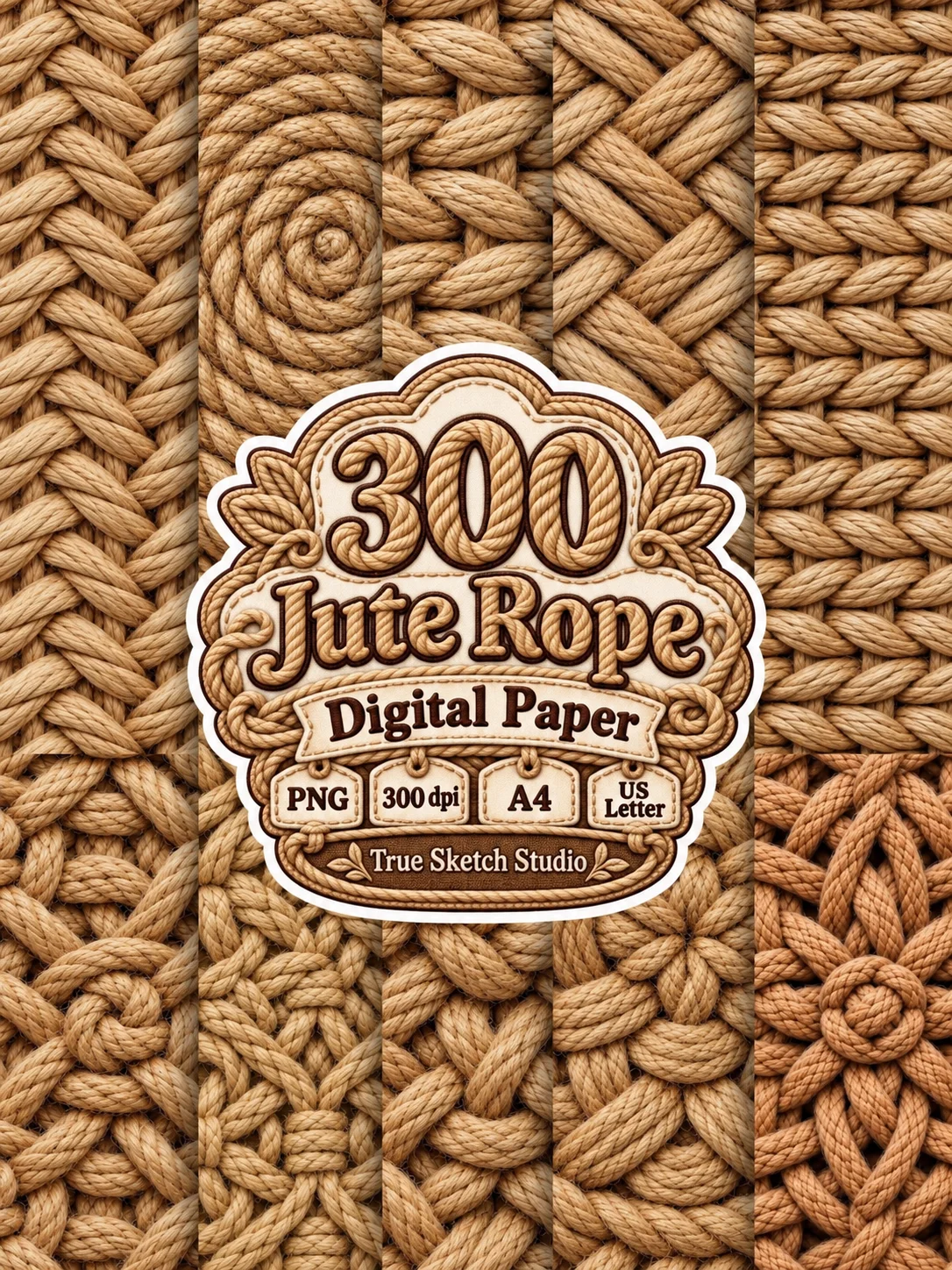 Jute Rope Digital Paper Bundle, Beige Brown Woven Textures, Rustic Scrapbook Backgrounds, Braided Motifs, Printable Junk Journal Craft Pages product image (6)
