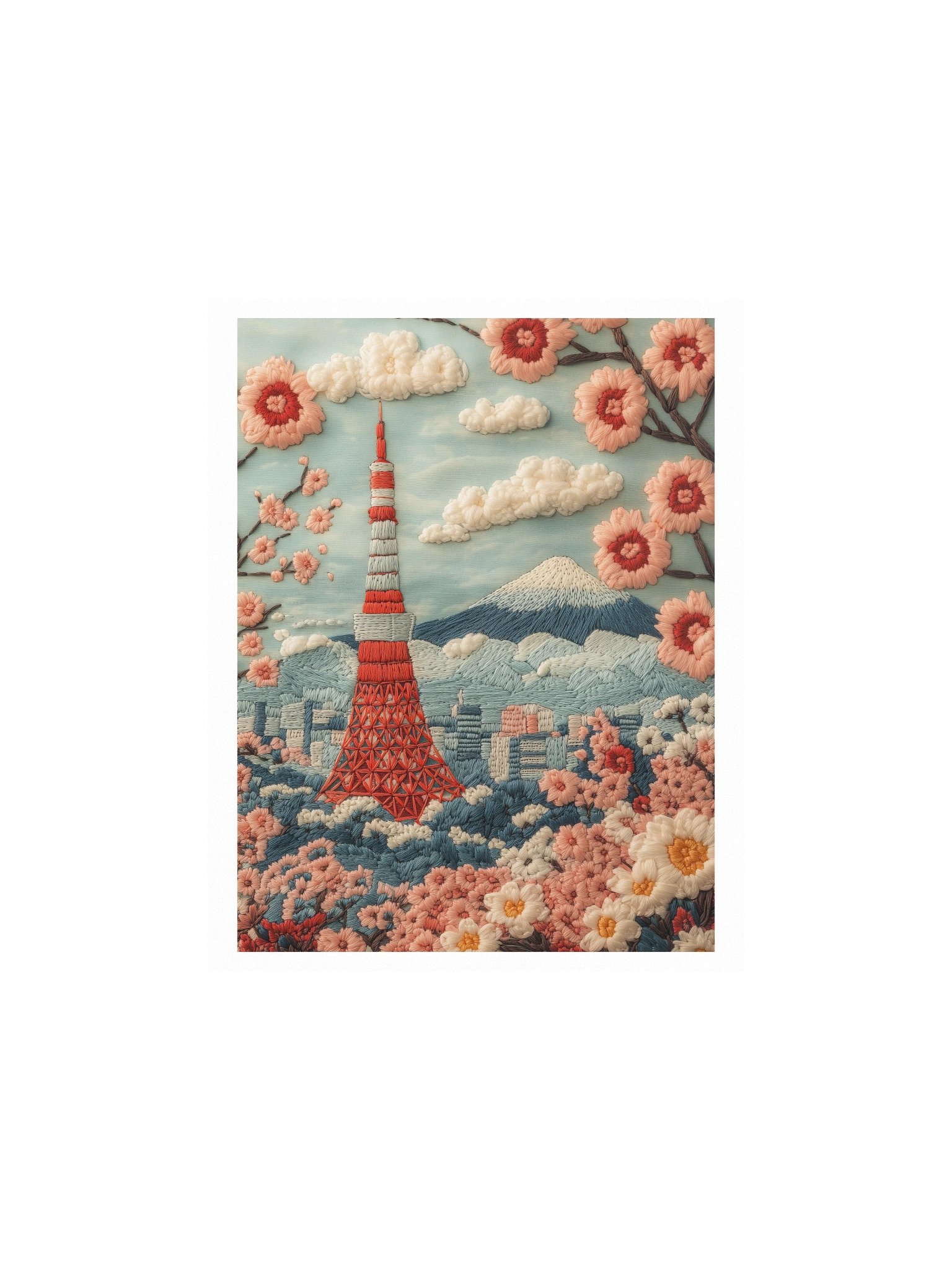 Springtime in Tokyo | Embroidery-Style Wall Art — Unframed Print product image (1)