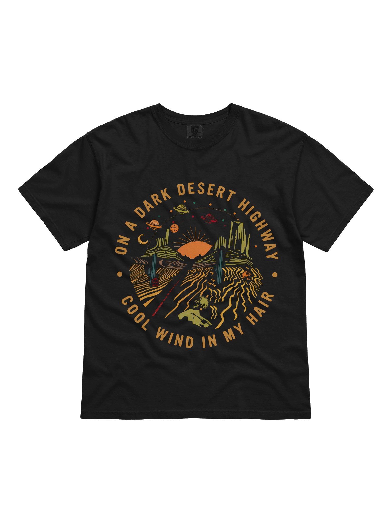 On A Dark Desert Highway T-Shirt – Retro Southwest Road Trip & Cosmic Saguaro Tee product image (1)