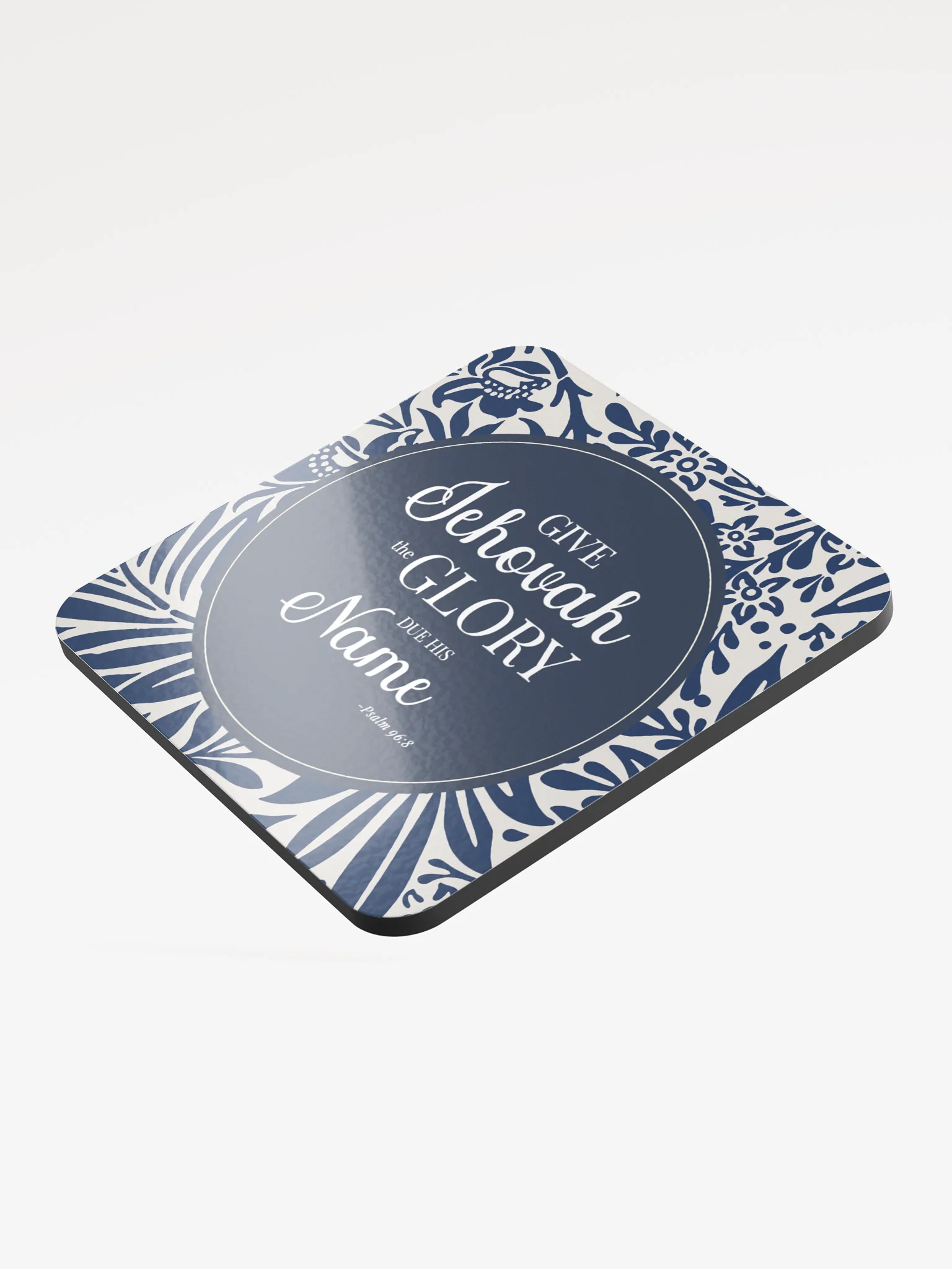 Psalm 96:8 Bible Verse Coaster – "Give Jehovah the Glory" – Navy Blue Floral Design, Cork & Glossy MDF product image (3)