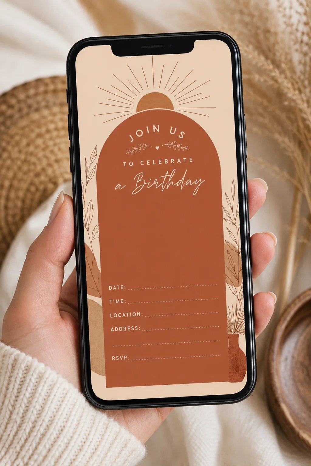 Terracotta Boho Birthday Invitation Template, Editable Canva Invite, Modern Arch Birthday Invitation, Printable Digital Download product image (2)