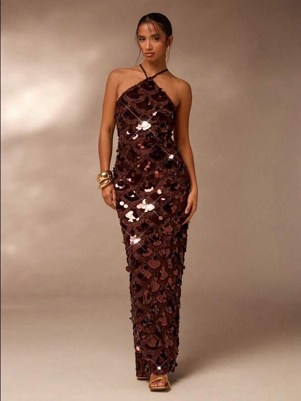 Women's Sequin Halter Dress, Fashion Party Wear Harlem Nights Women Dresses Bronze Dress Sequin Women Dresses Sequence Dress Gowns Glamorous Dress product image (1)