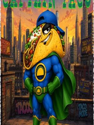 Captain Taco wasn't born with superpowers. He was just an ordinary taco cruising through Taco City, always looking out for the little guys and lending a hand whenever he could. One evening, as the sun set behind the city skyline, a mysterious burst of cosmic taco energy swept across the rooftops. When it reached him, everything changed. Suddenly stronger, faster, and braver than ever before, he became the hero Taco City never knew it needed. Now Captain Taco patrols the streets from above, keeping the neighborhood safe from trouble and reminding everyone that true heroes aren't measured by their strength, but by their willingness to help others. Whether he's stopping a disaster or helping a lost taco find the way home, Captain Taco is always ready to answer the call. In Taco City, when hope is running low, one hero always rises to the occasion—Captain Taco.