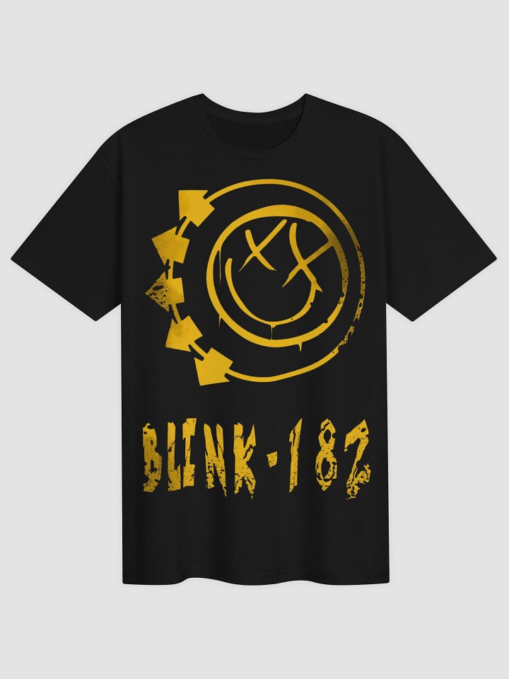 Blink-182 Smiley Face T-Shirt | Distressed Gold Logo Graphic Tee | Pop Punk Collector Band Shirt product image (2)