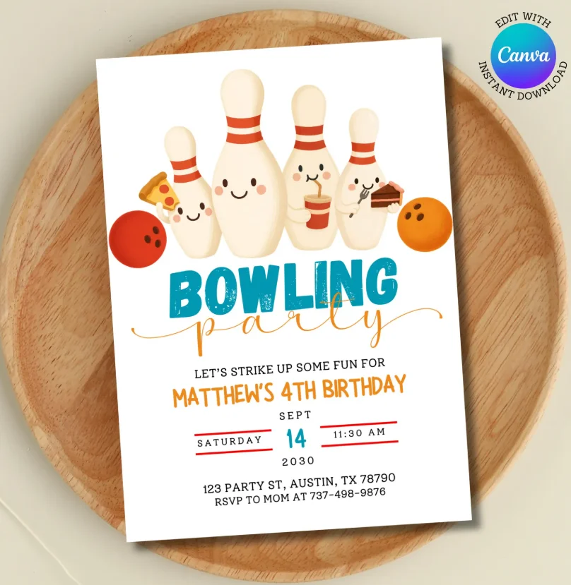 Bowling Party Invitation | Editable Canva Template | Kids Birthday Invite | Strike Up Some Fun | 4th Birthday Boy or Girl product image (1)