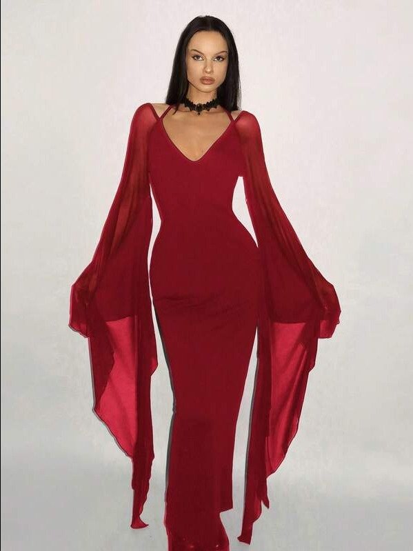 ADLEST ICON Y2k Women Elegant Fitting Long Sleeve Mesh Exaggerated Batwing Sleeve Bodycon Dress Witchy Clothes product image (8)