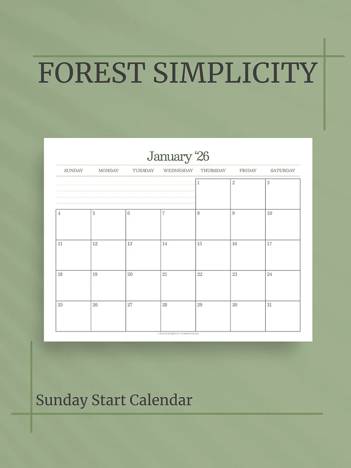 Forest Simplicity 2026 Calendar - Single Page per Month, Sunday Start, Letter Size product image (1)