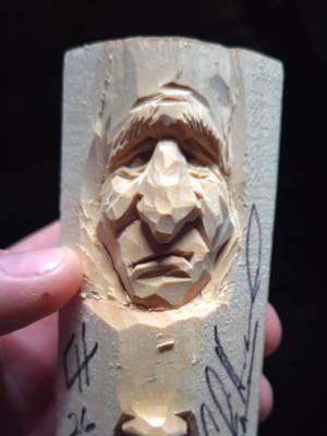 A practice sticks that was carved for on by Chris Hammack during our design class at the Rocky Mountain Carvers Roundup.   I of course, watched and replicated what I could on the 2nd stick.  not trying to match his carving 1 for 1, but trying to match his techniques 1 for 1 as I adapt what skills / tools I csm into my own repertoire.  Carving with Chris was amazing and his insights were spot on. #woodcarving #caricaturecarving #whittling #woodart #folkart