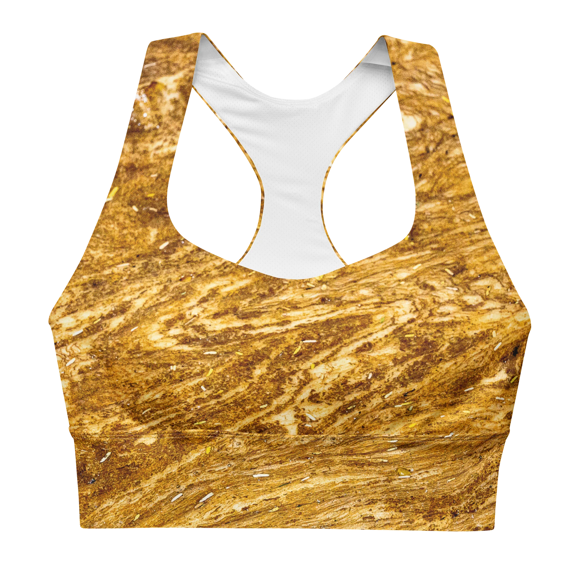 Golden Strata: Golden Amber Marble Recycled Longline Sports Bra | All-Over Print Padded Yoga Bra Top | Eco-Friendly Earthy Ochre Crop Top product image (1)