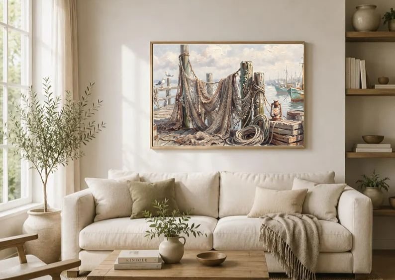 Rare Watercolor Coastal Wall Art Bundle of 3 – Fishing Nets on Wooden Dock, Drifting Rowboat & Tide Pools with Rocks, Fine Detail Nautical Print product image (3)