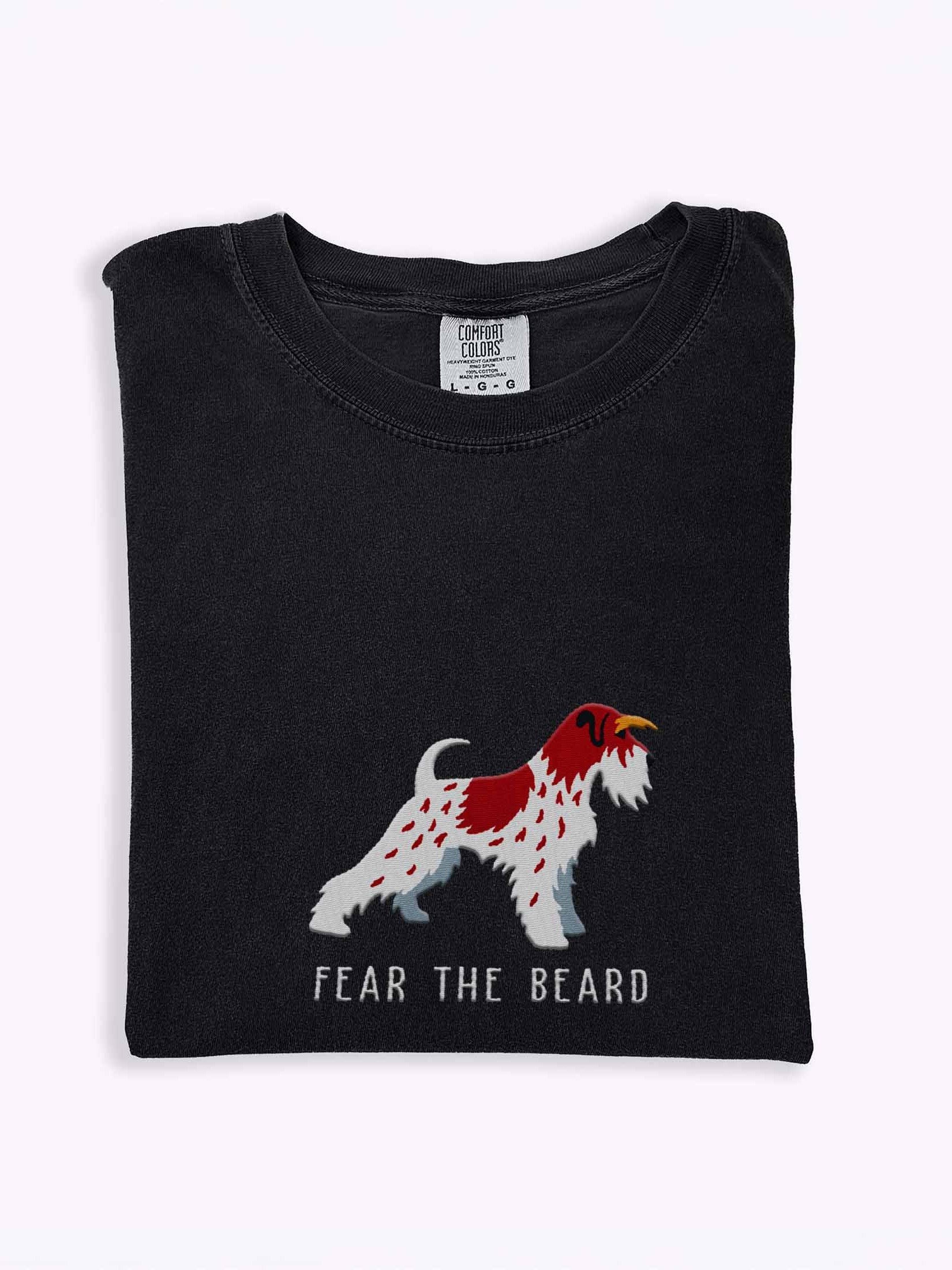 Fear the Beard T-Shirt(Embroidered) of a Miniature Schnauzer(Parti, Liver & White) product image (1)