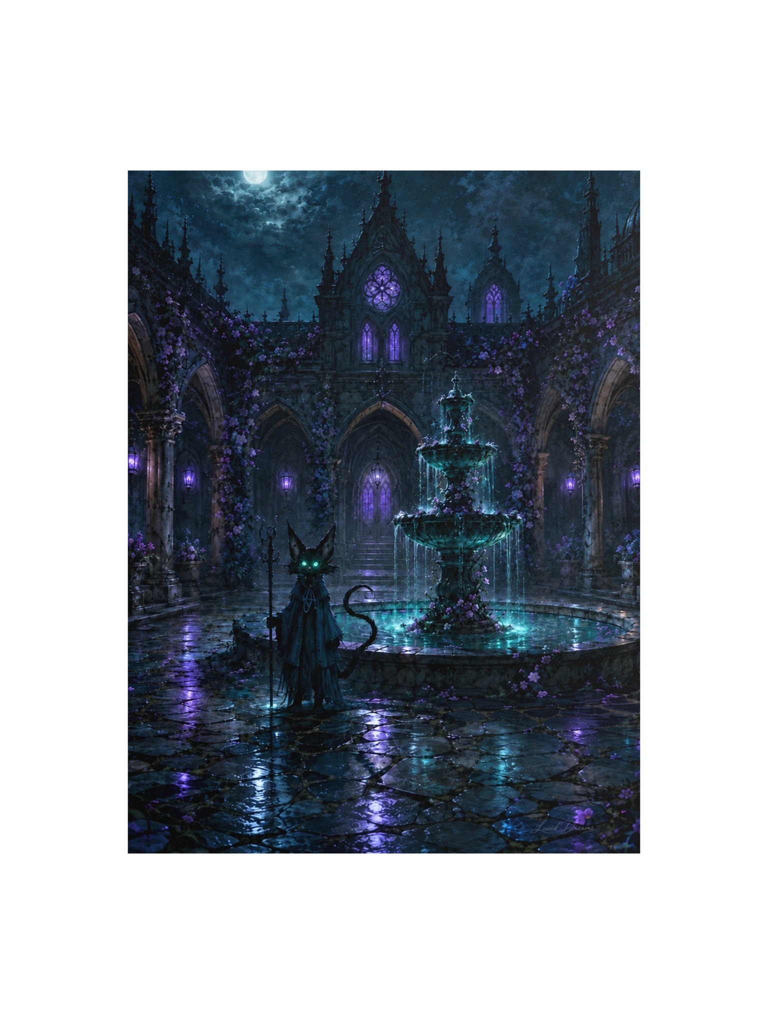 Gothic Courtyard & Black Cat Art Print — The Courtyard of Silent Fountains product image (1)