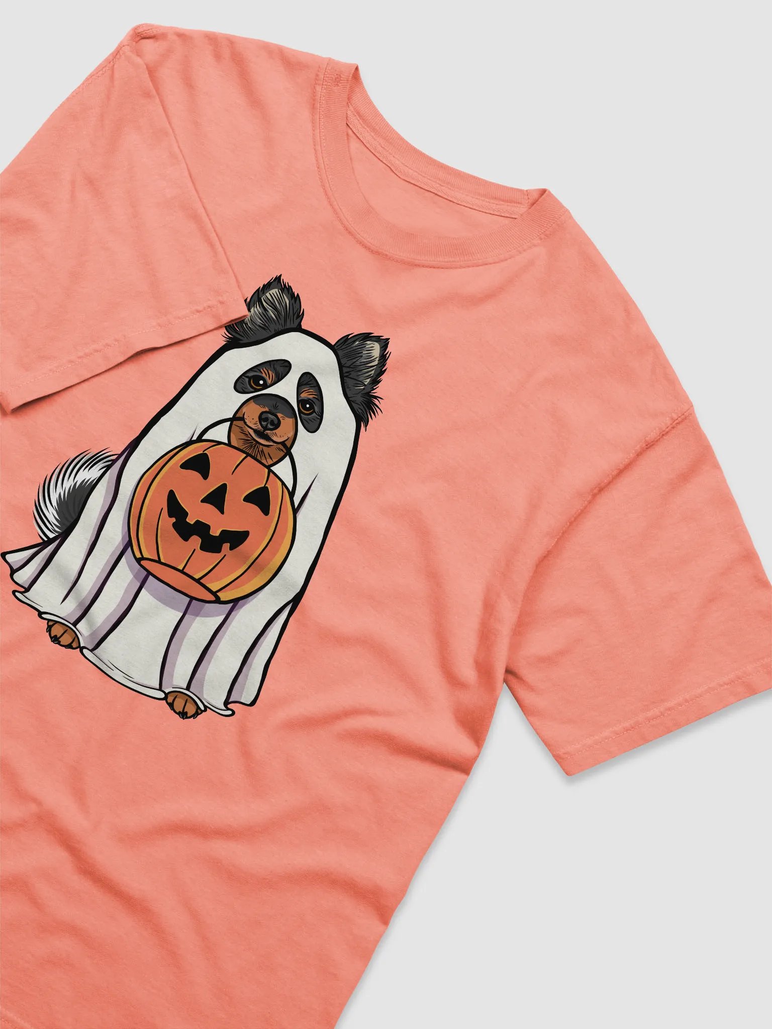 Funny Halloween Pomeranian(Tricolor) T-Shirt | Funny Pomeranian Wearing a Ghost Costume and Holding a Pumpkin Basket product image (6)