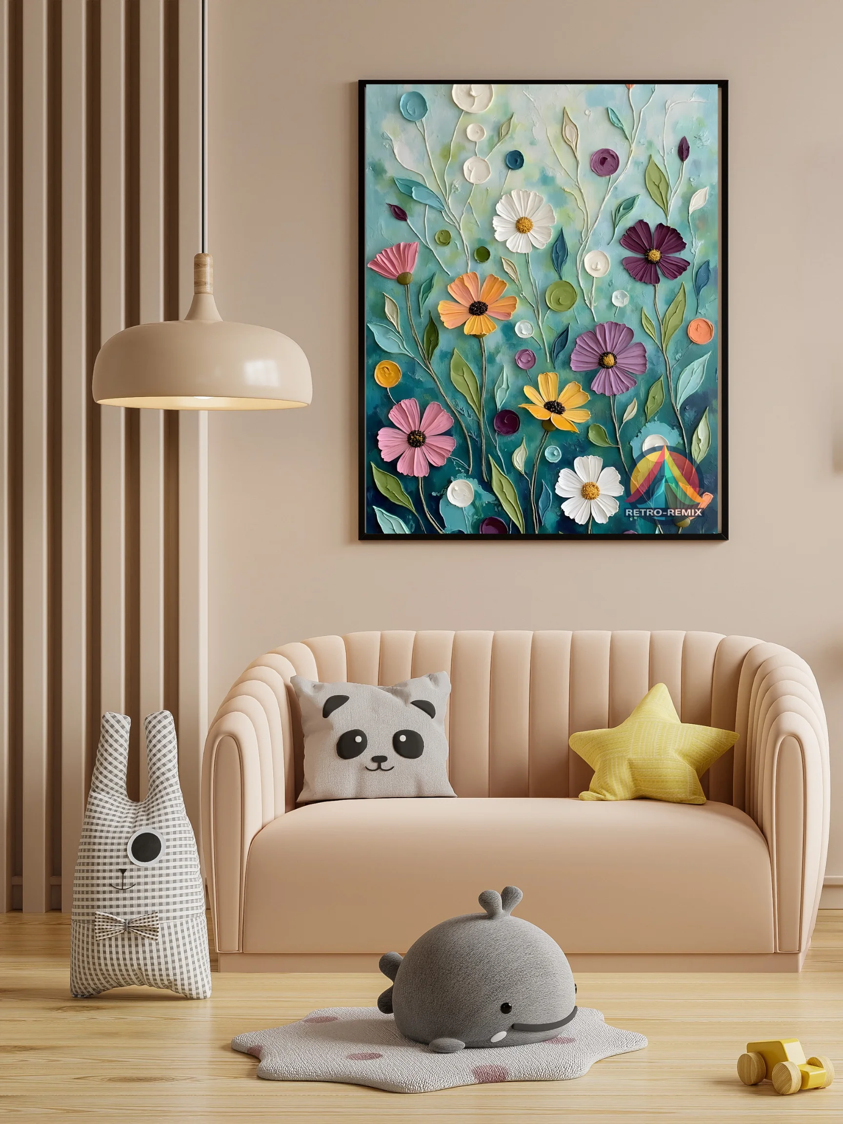 Whimsy in Bloom – Retro Floral Wall Art with Textured Wildflowers on Aqua Teal product image (4)