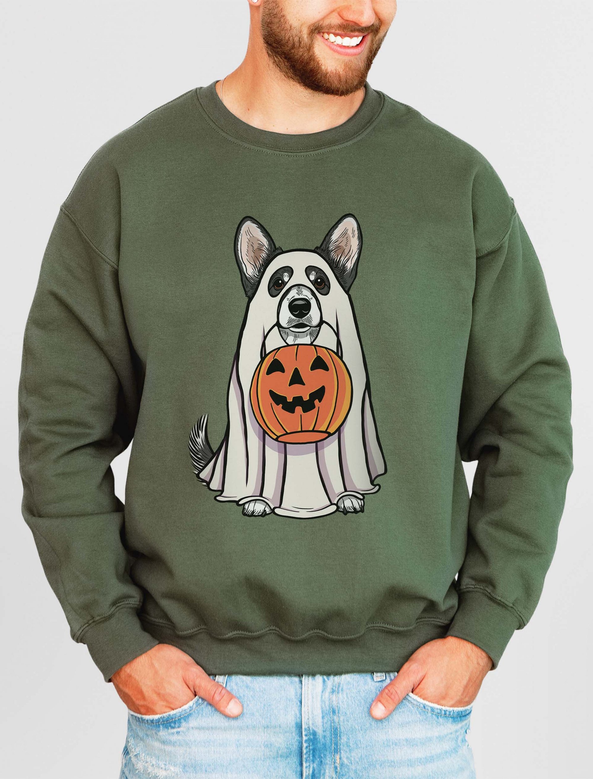 Funny Halloween Cardigan Welsh Corgi(Black & White) Sweatshirt | Funny Corgi Wearing a Ghost Costume and Holding a Pumpkin Basket product image (2)