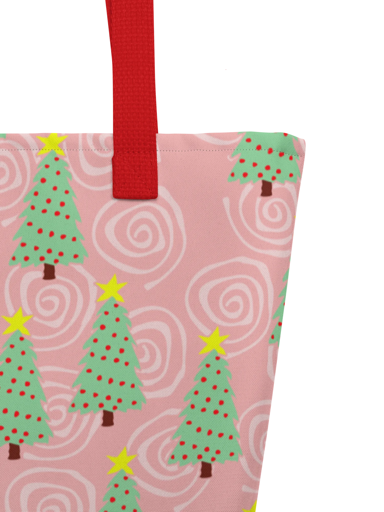 Green Christmas Trees on Christmas Pink with Swirls – Large Tote Bag product image (5)