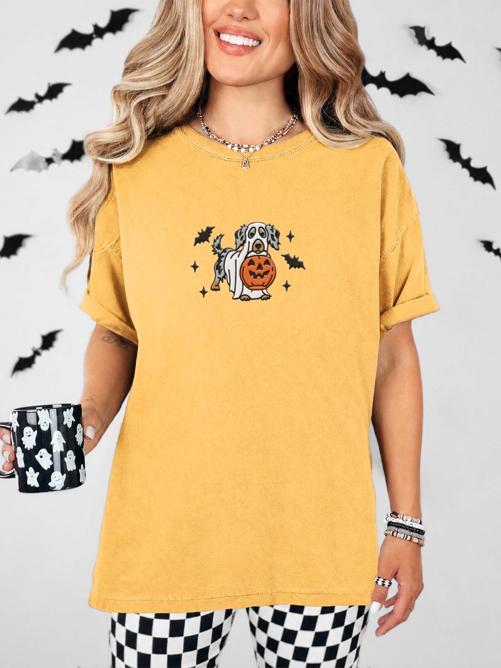 Halloween Longhaired Dachshund(Dapple) Embroidered T-Shirt product image (2)