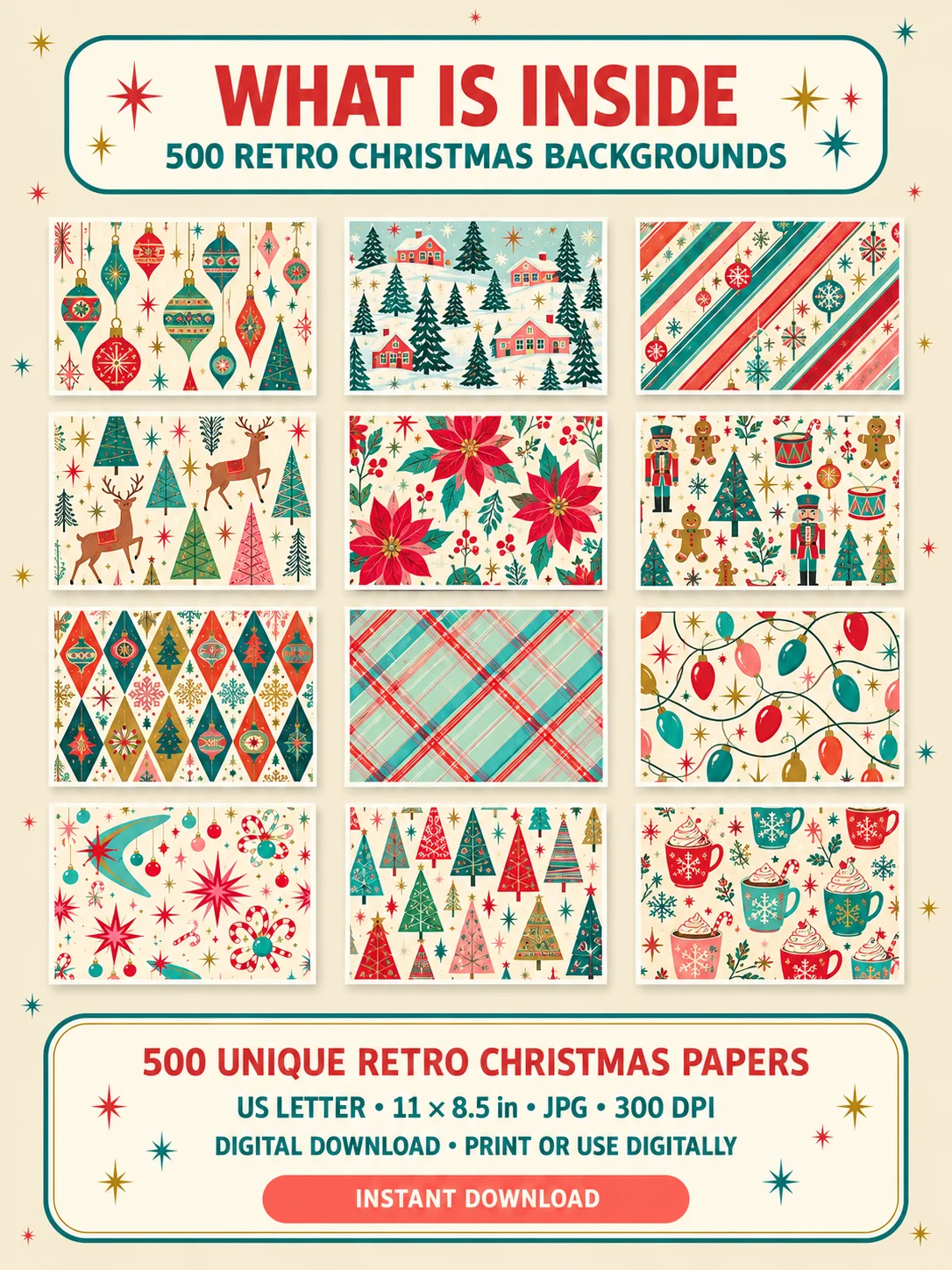 500 Retro Christmas Backgrounds, Kitsch 1950s Atomic Holiday Digital Paper Pack, Vintage Ornament Patterns, Printable Scrapbook JPG Download product image (2)