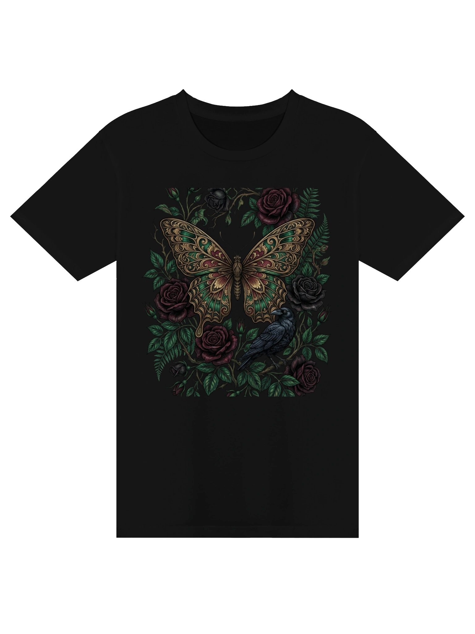 Gothic Butterfly Rose T-Shirt, Dark Academia Moth Tee, Raven Botanical Graphic Shirt, Vintage Nature Aesthetic Gift for Her product image (3)