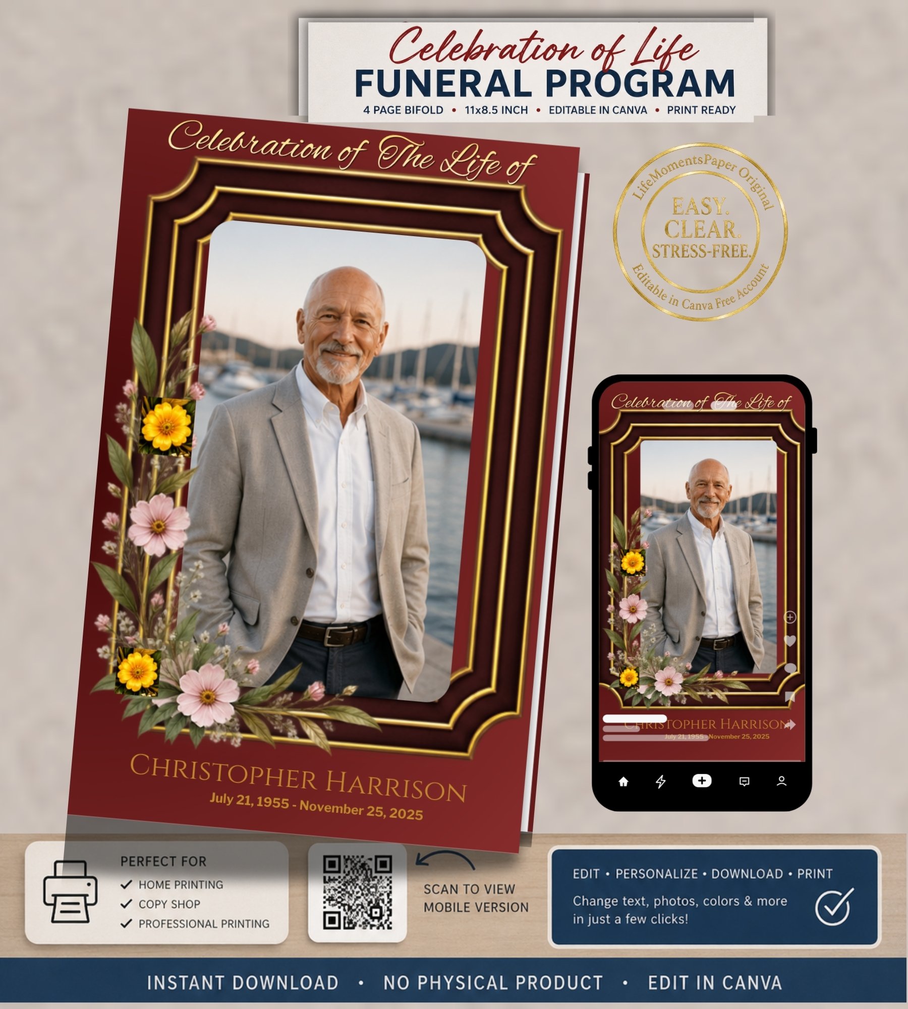 Burgundy Floral Funeral Program Template for Men (Canva Editable Bifold) product image (1)