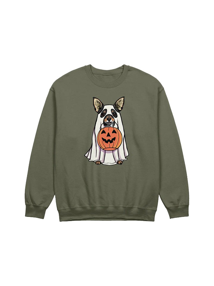 Funny Halloween Chihuahua(Tricolor) Sweatshirt | Funny Chihuahua Wearing a Ghost Costume and Holding a Pumpkin Basket product image (1)