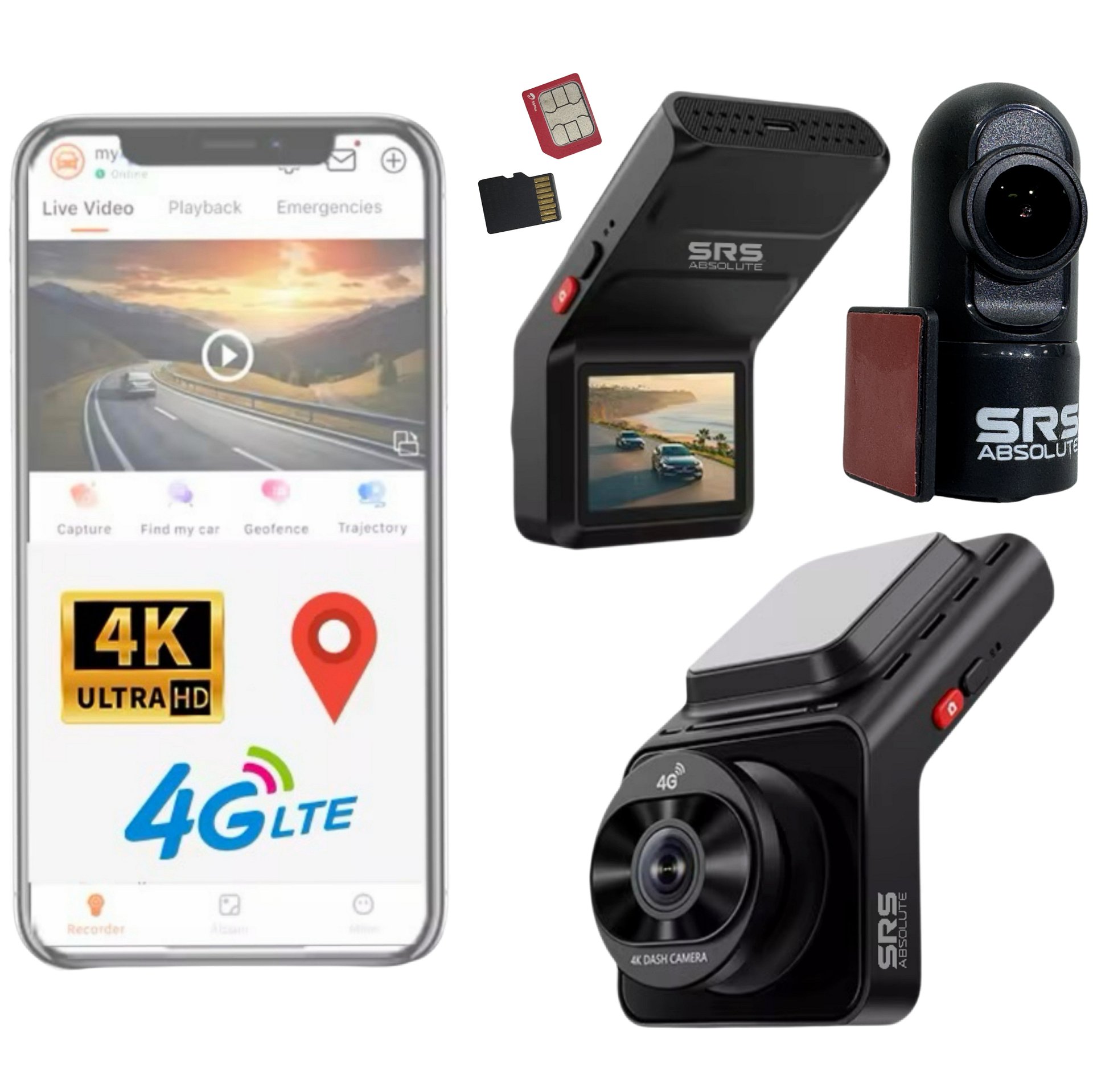 SRS ABSOLUTE 4K+4G Dual Dash Cam Front Rear Record GPS+Live Video ADAS BSD Park Monitor Timelapse WiFi Hotspot Reverse Parking Remote Playback Voice Call MicroSD SIM Support product image (1)