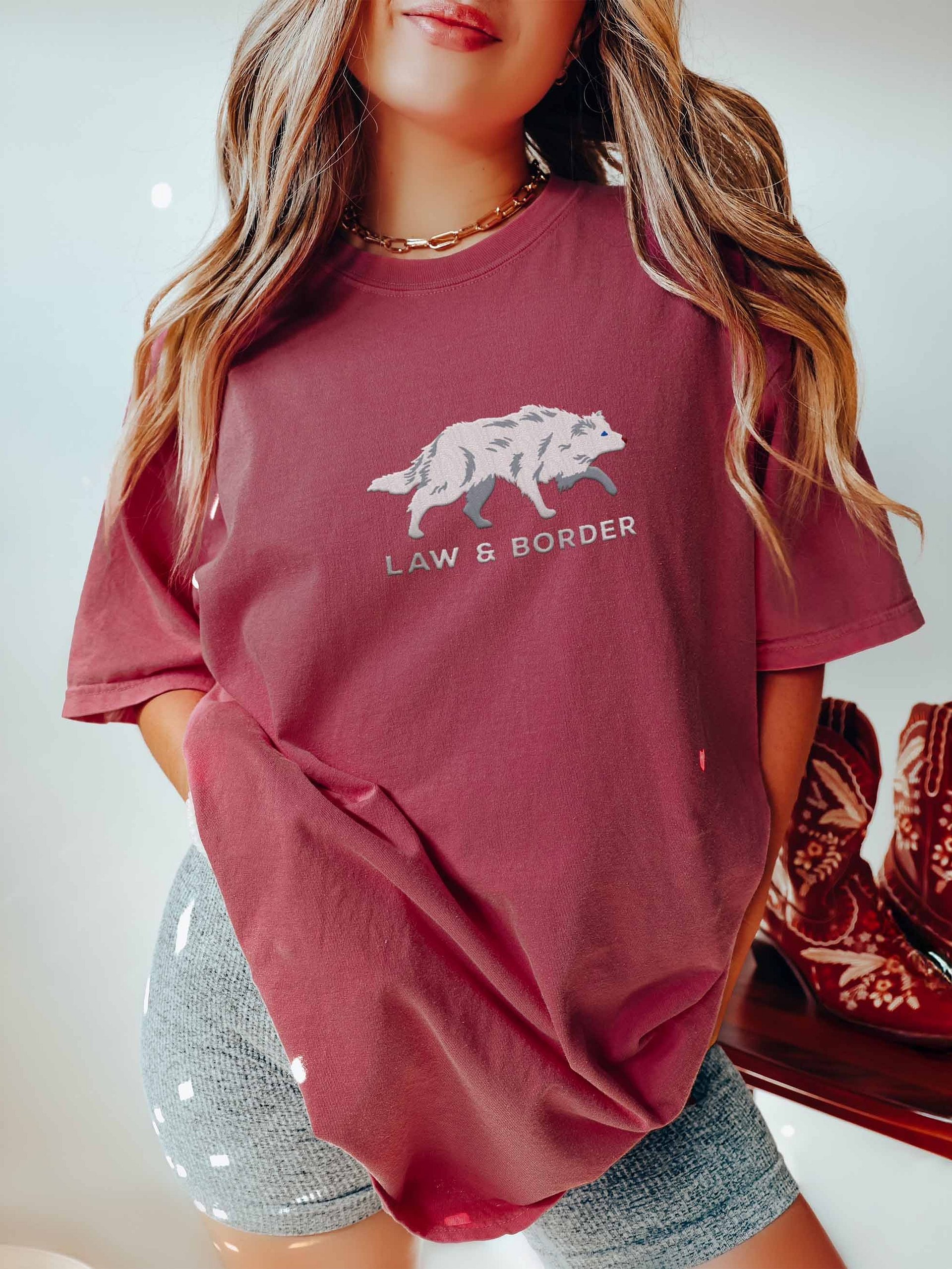 Law and Border T-Shirt(Embroidered) of a Border Collie(Double Merle/White) product image (2)