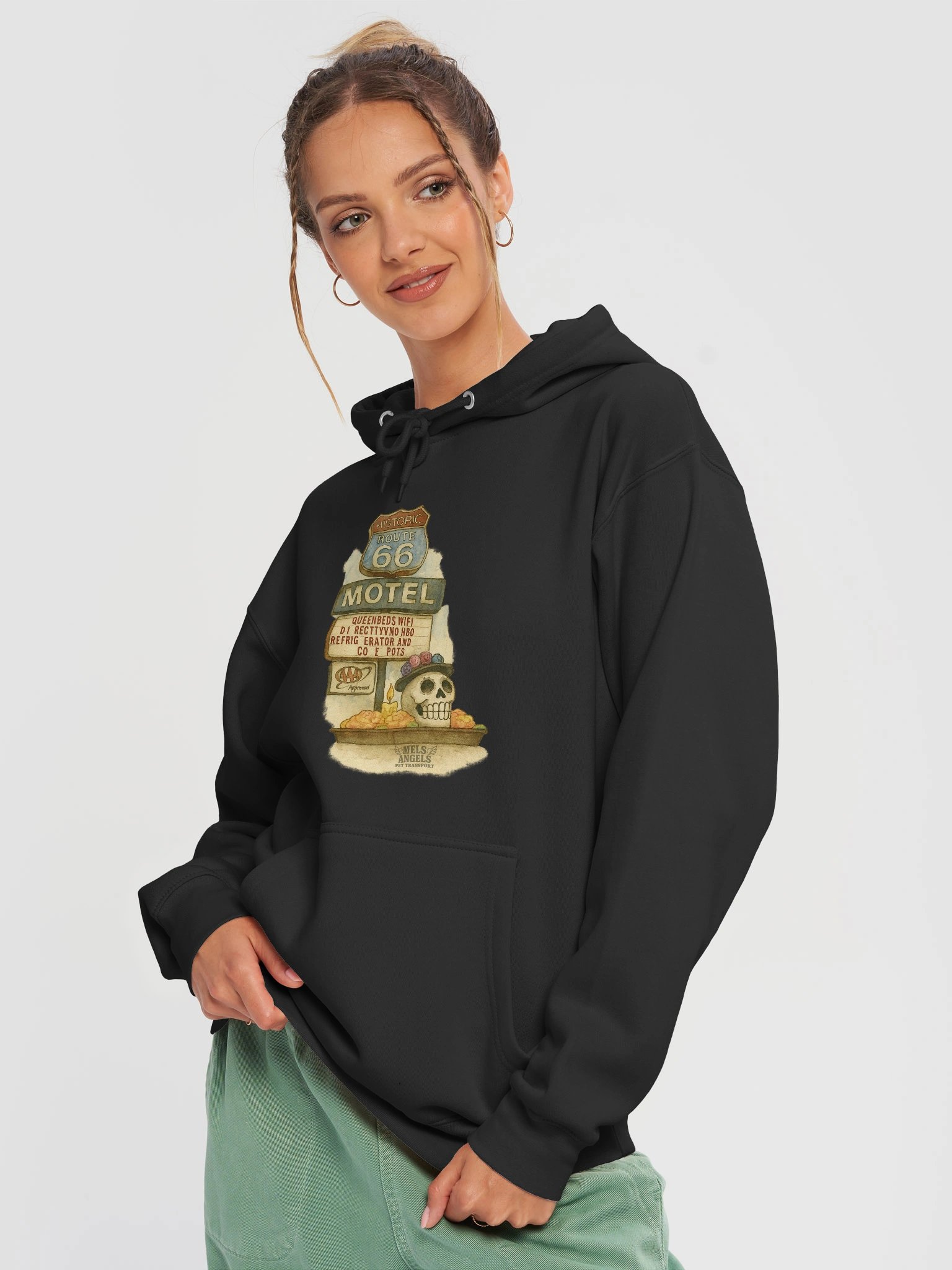 Route 66 Motel Skull Hoodie – Vintage Road Trip Día de los Muertos Sweatshirt product image (3)
