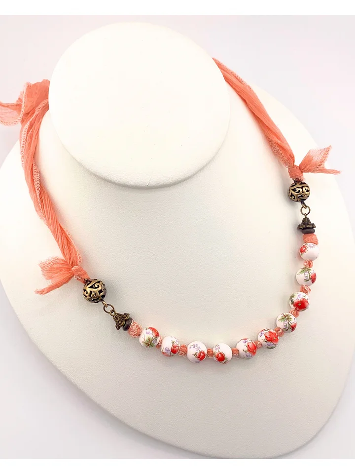 Peach Floral Beaded Necklace on SIlk Ribbon product image (1)