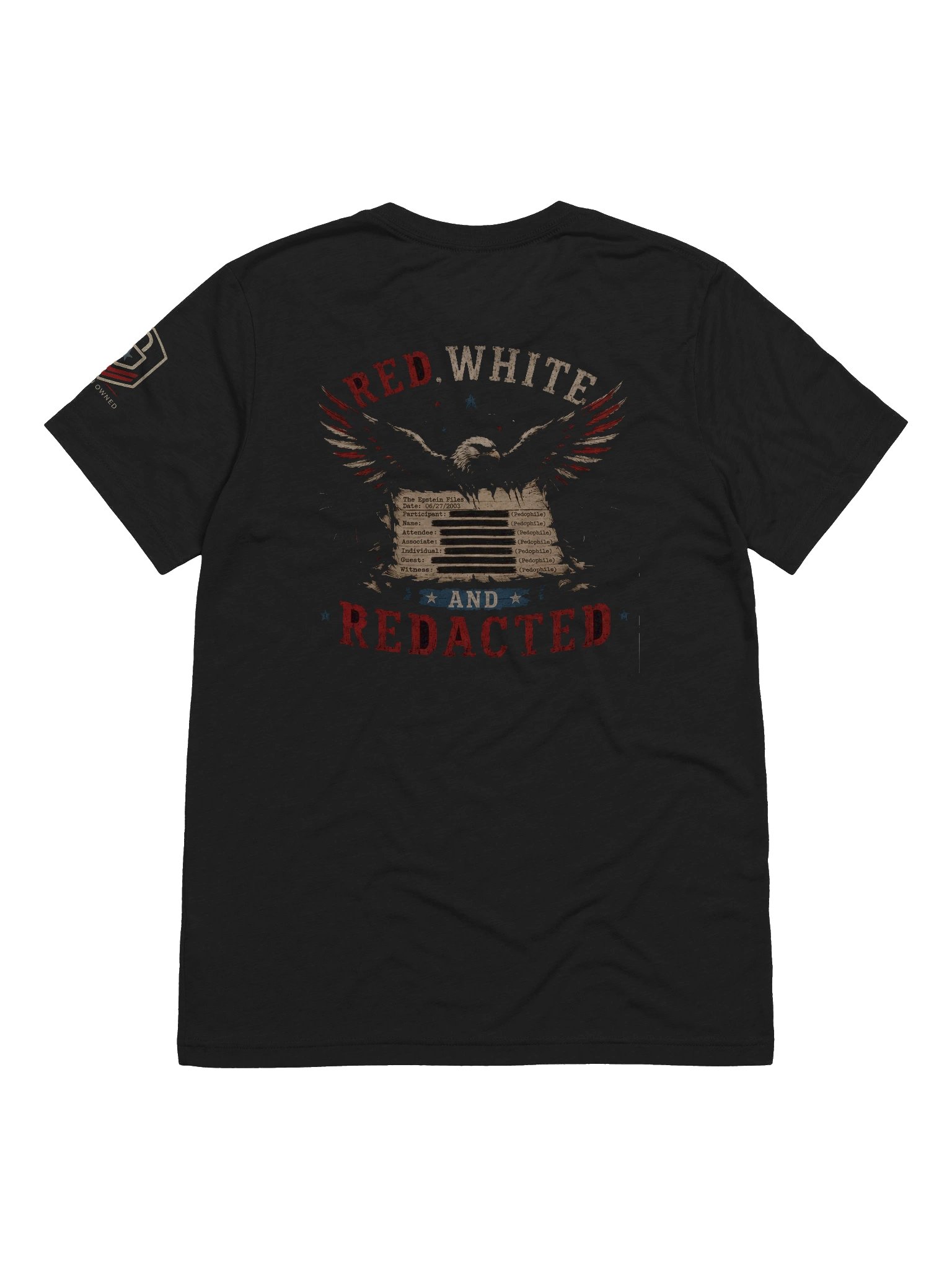 Red, white, and redacted T-shirt product image (2)